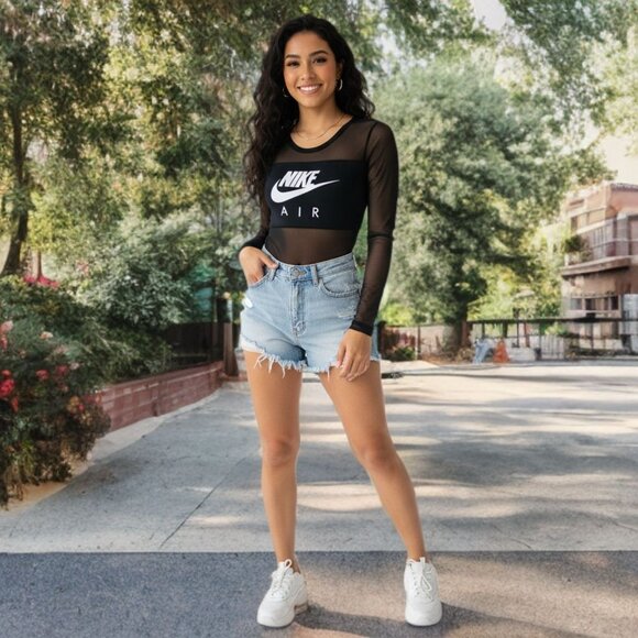 NIKE Air Long Sleeve Mesh Bodysuit Graphic Top Sheer Logo Nude Illusion Athletic - Picture 4 of 12